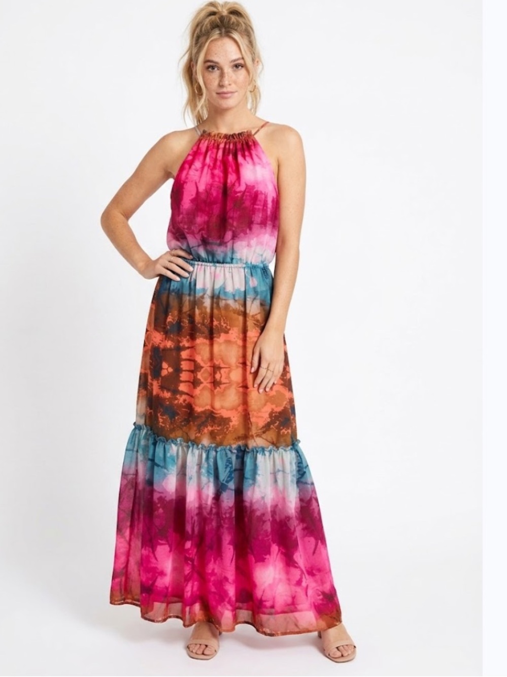 Adelyn Rae Watercolor Abstract Halter Tiered Maxi Dress - Size Large